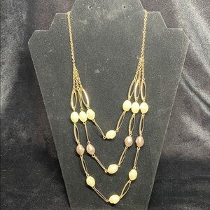 Avon Gold Tone 3 Tiered Link Necklace with Cream and Gray Faux Pearls